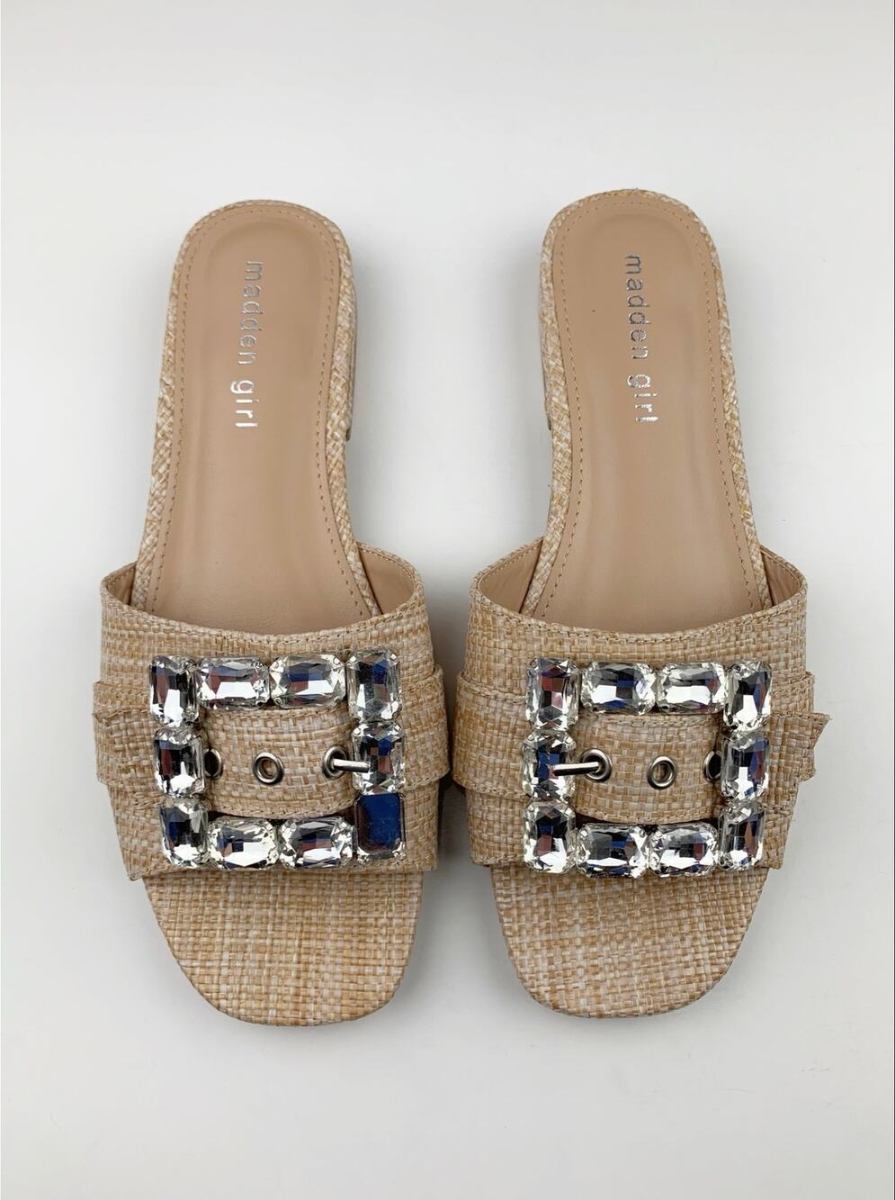 Madden Girl HeyThere Sandals Raffia Oversized Jewel Buckle Slides Women's 8